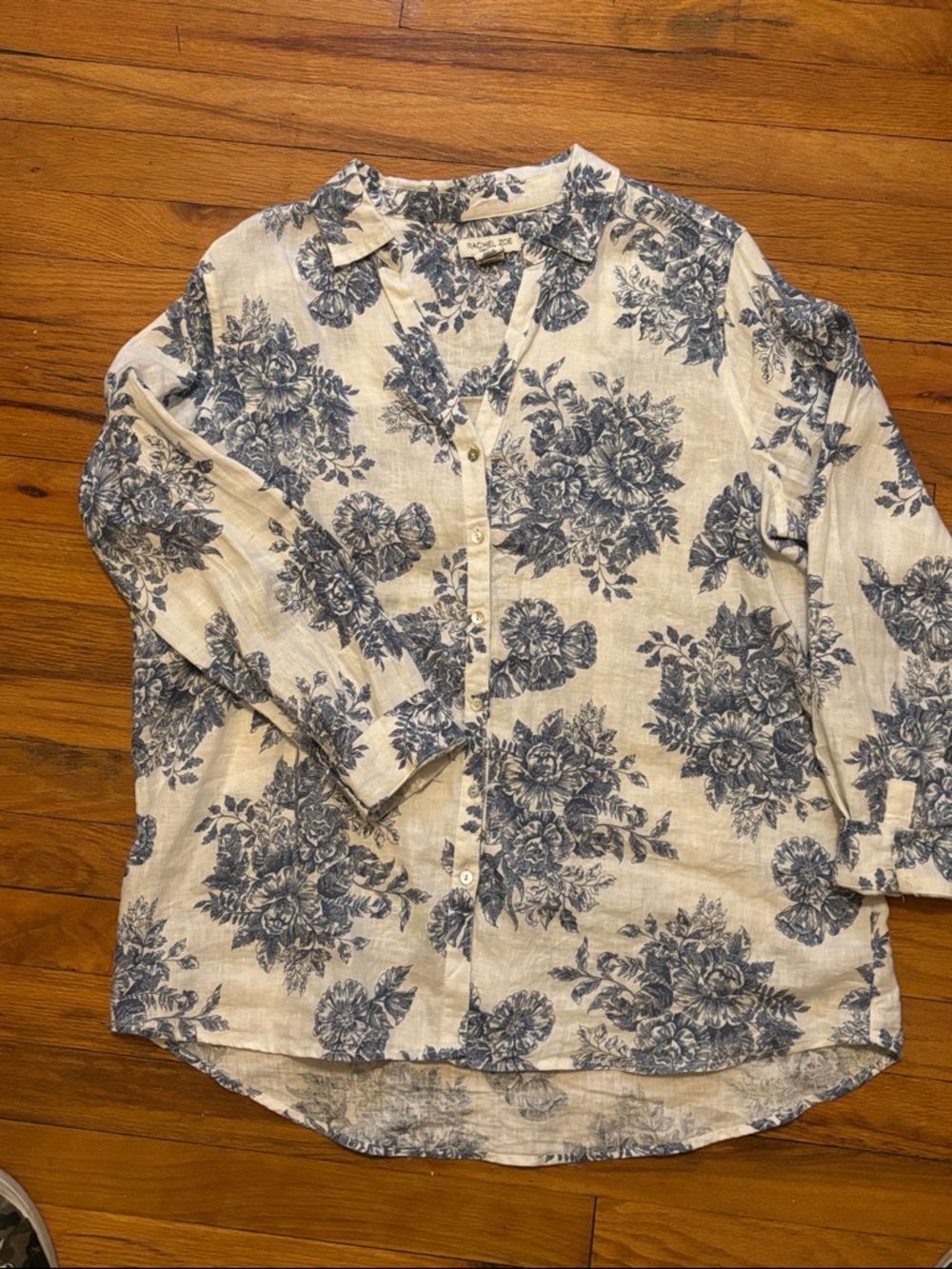 Rachel Zoe White Linen Button-Up Blouse with Blue Floral Print